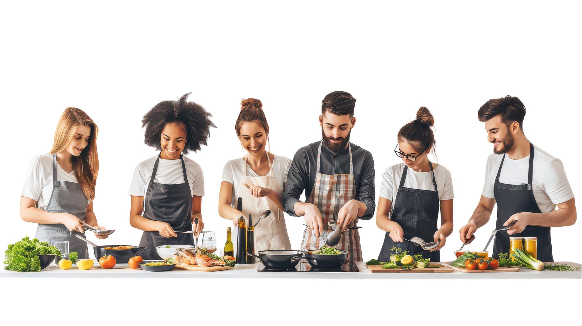 Small training kitchen with participants practicing